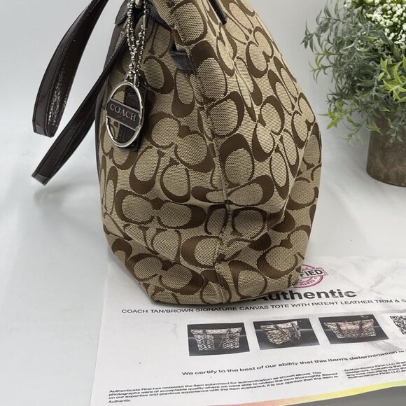 Authenticated Coach Signature Canvas Tote Patent Leather Trim Tan/Brown F28504 - Picture 6 of 15